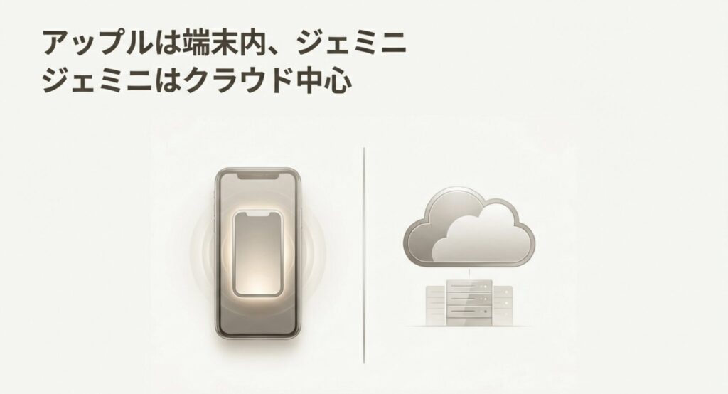 Apple Intelligenceは端末内処理、Geminiはクラウド中心処理であることを示すスライド画像