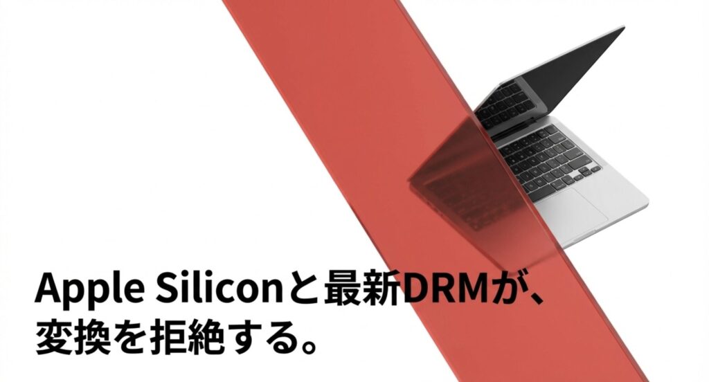 Apple Siliconと最新DRMがPDF化への変換を拒絶していることを説明するスライド画像