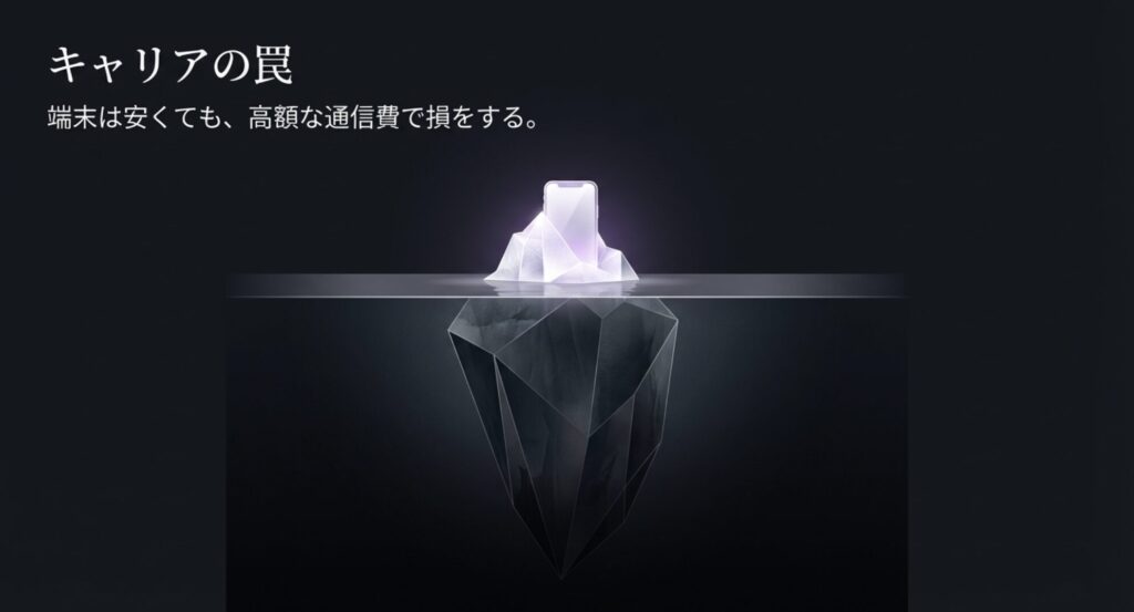 氷山のイラスト。端末は安くても高額な通信費で損をするキャリアの罠を表現。