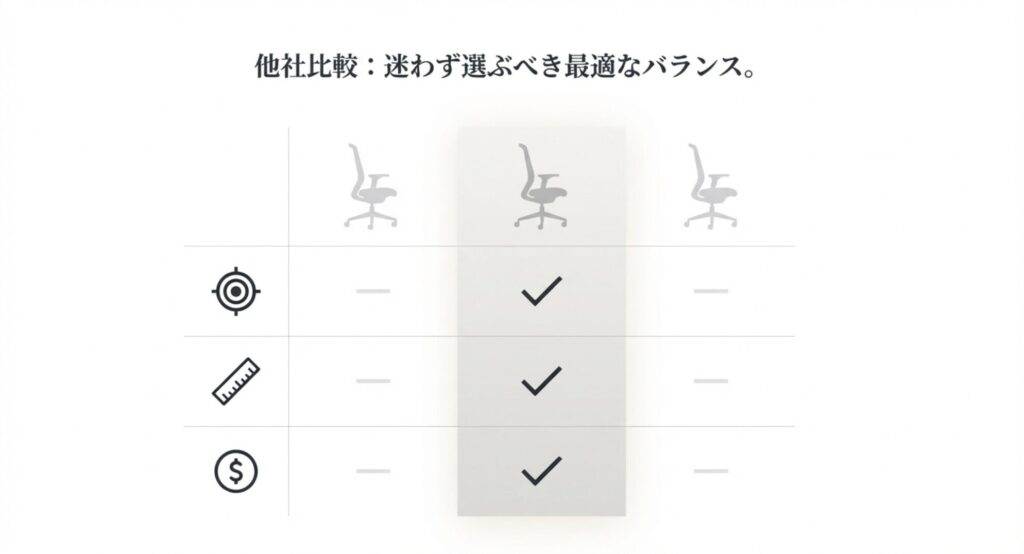 COFO Chair Pro 2 が旧型や他社製品と比較して、機能・サイズ・価格の面で最もバランスが良いことを示す図解スライド
