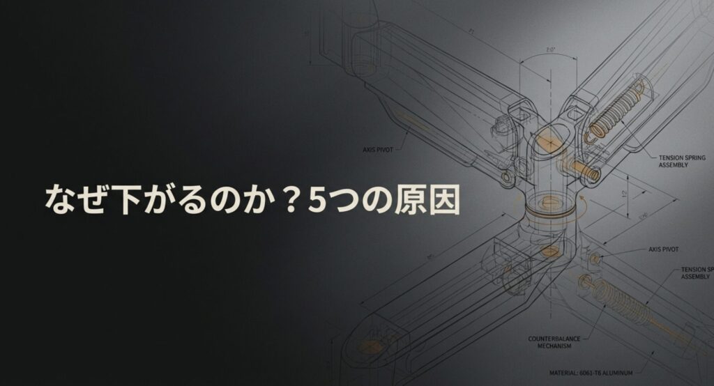 エルゴトロンのモニターアームが下がってくる5つの原因を示すスライド