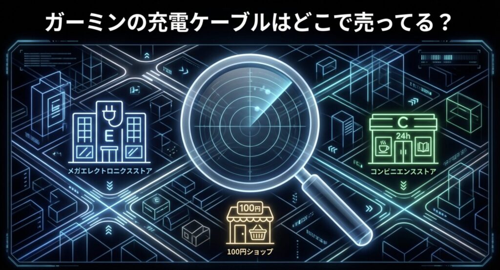 家電量販店、100円ショップ、コンビニなどガーミン充電ケーブルの販売店舗を探索するレーダーマップのイメージ