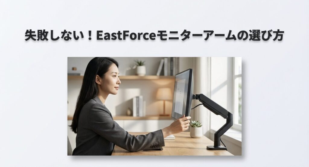 デスクでモニターアームの角度を調整しながら作業する女性の様子