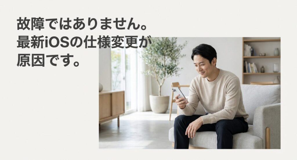 ポートレートモードが見当たらないのは故障ではなく、最新iOSの仕様変更が原因であることを説明するスライド