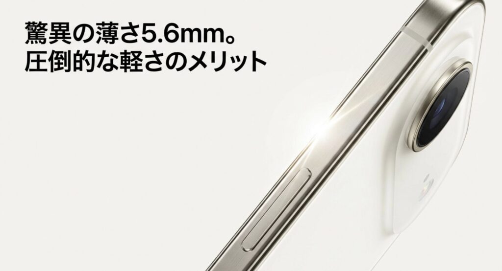 iPhone Airの5.6mmの薄さと圧倒的な軽さのメリットを解説するスライド画像