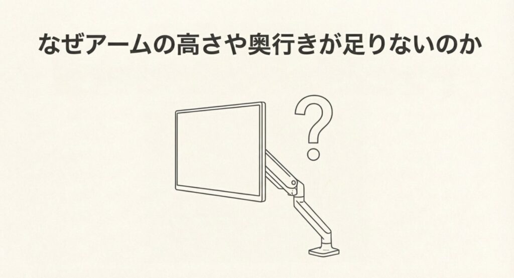 なぜアームの高さや奥行きが足りないのか疑問を持つイラスト