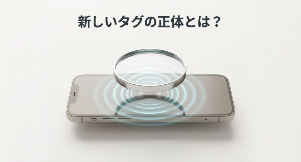 スマホの上に虫眼鏡がかざされており、新しいタグの正体を調査しているイメージ画像