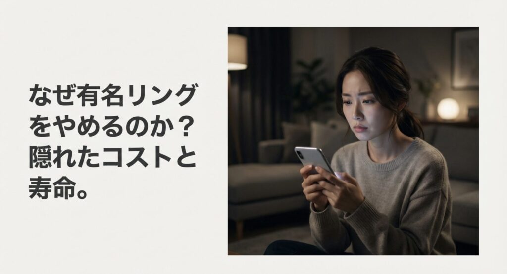スマートフォンを見て悩む女性と、有名リングをやめる理由・隠れたコストについて書かれた画像