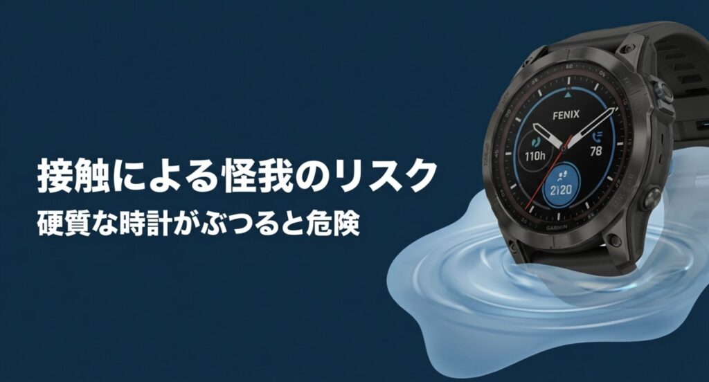 硬質なスマートウォッチがプール内で接触し、他者に怪我をさせるリスクについて解説したスライド