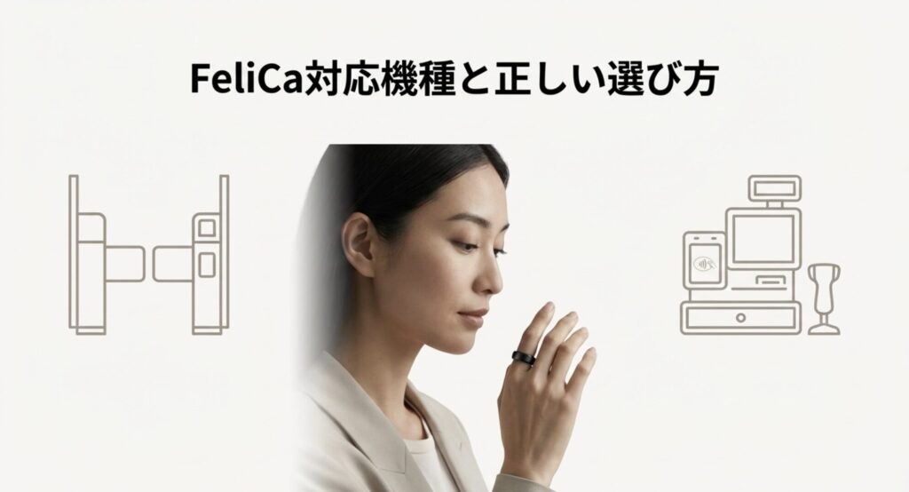 ドアのスマートロック解錠と、レジでの非接触決済をイメージした線画のアイコン。スマートリングの利便性を視覚化した図。