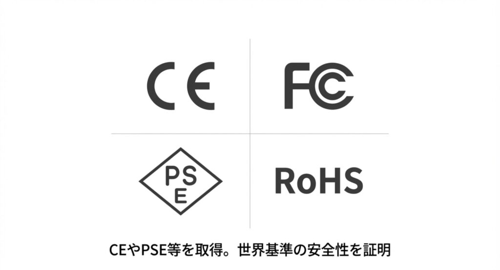 UGREEN製品がCE、FCC、PSE、RoHSなどの世界基準の安全規格を取得し、安全性を証明していることを示すアイコン