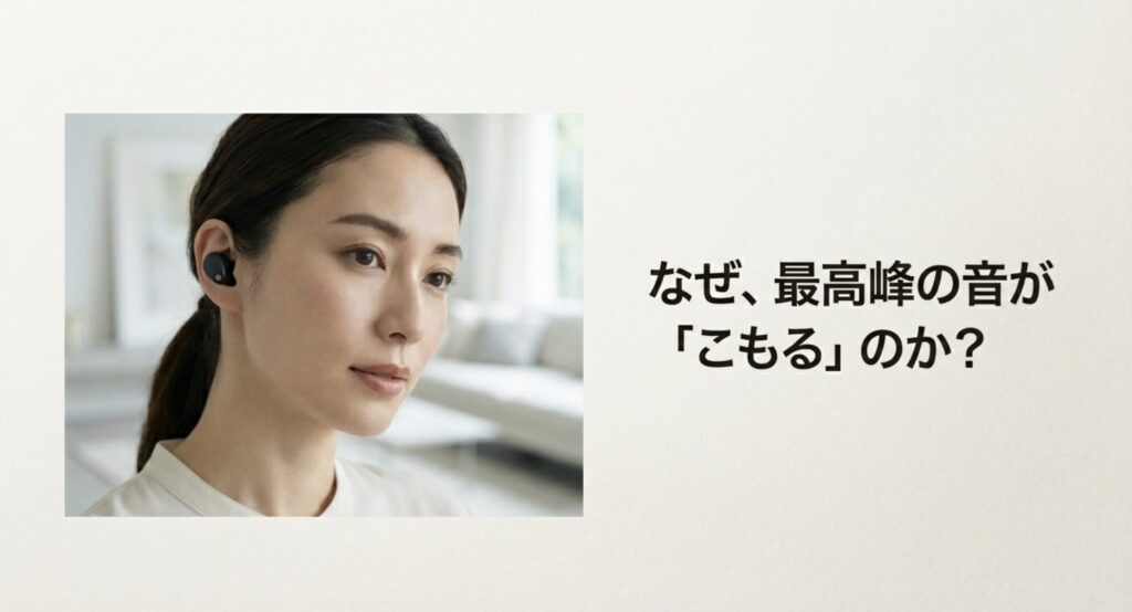 WF-1000XM5を装着した女性の横顔と「なぜ、最高峰の音が『こもる』のか?」という問いかけのテキスト