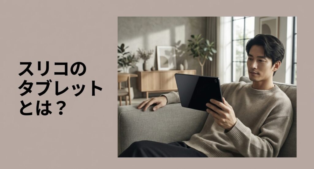 ソファーでくつろぎながら3COINSのタブレットを操作する男性