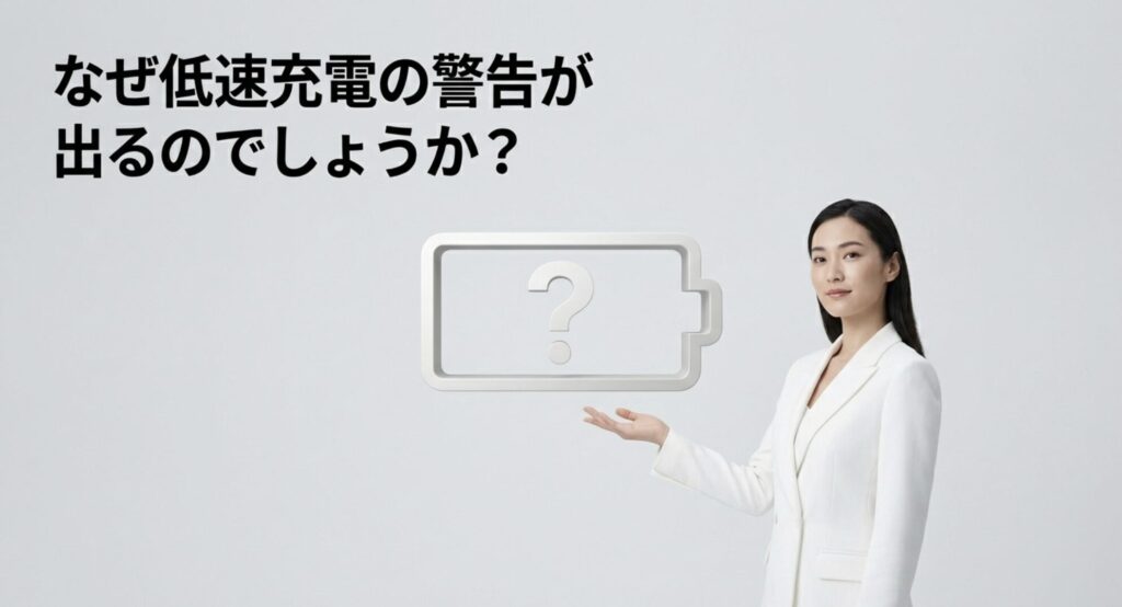 iPhoneでなぜ低速充電の警告が出るのか疑問を提示するスライド