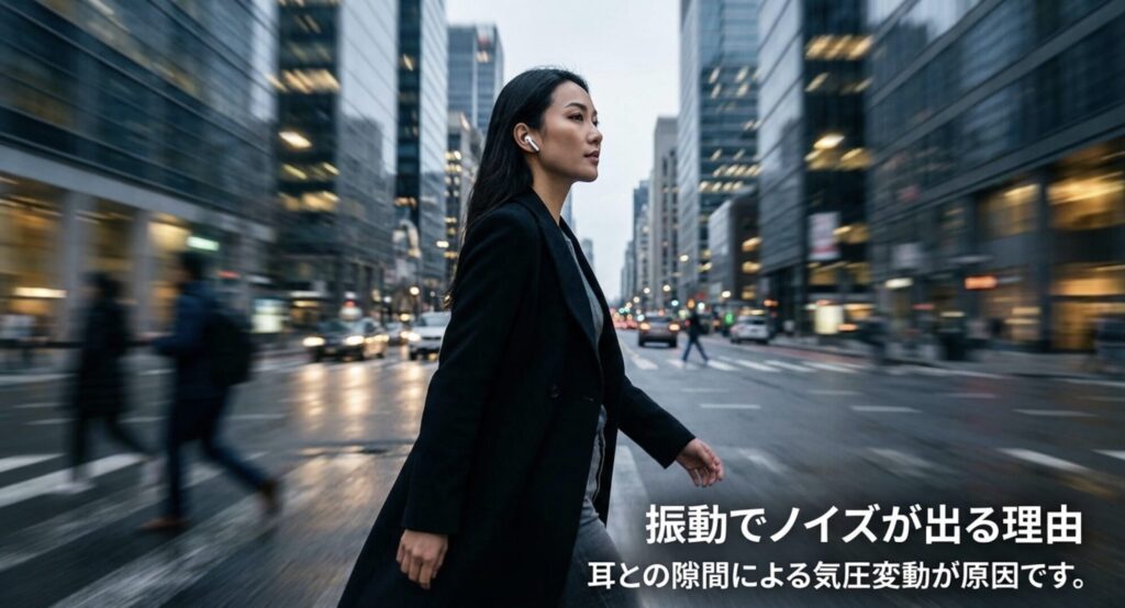AirPods Pro装着時に歩行や振動でノイズが出る理由（気圧変動）を解説したスライド画像