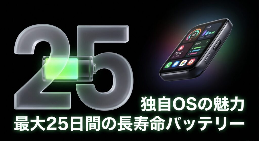 Amazfitの最大25日間持続する長寿命バッテリーを示すスライド