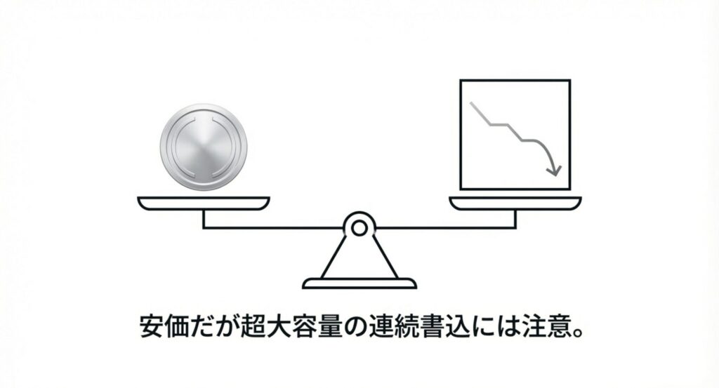 安価だが超大容量の連続書込には注意。