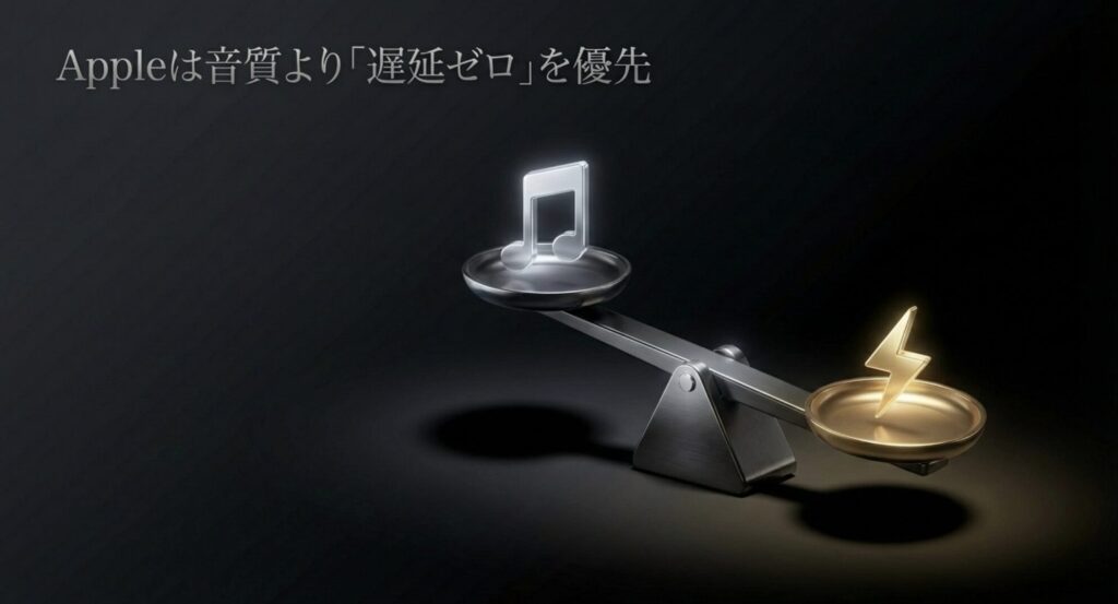 Appleが音質よりも遅延ゼロを優先する独自戦略を天秤で表したスライド