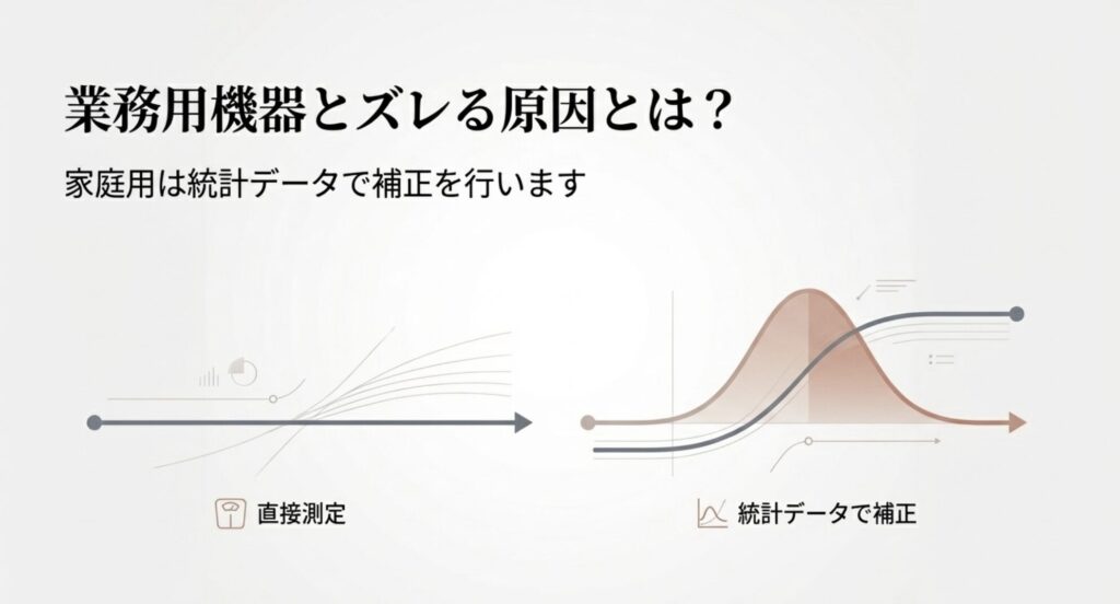 業務用機器とズレる原因とは？家庭用は統計データで補正を行います。直接測定と統計データ補正の比較グラフ。