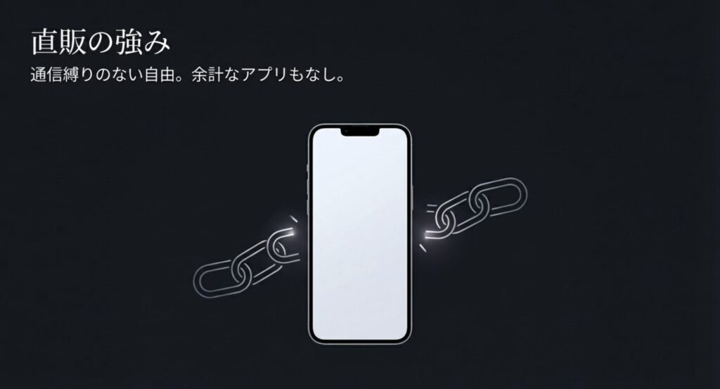ちぎれた鎖とスマートフォンのイラスト。通信縛りのない自由な直販モデルを表現。