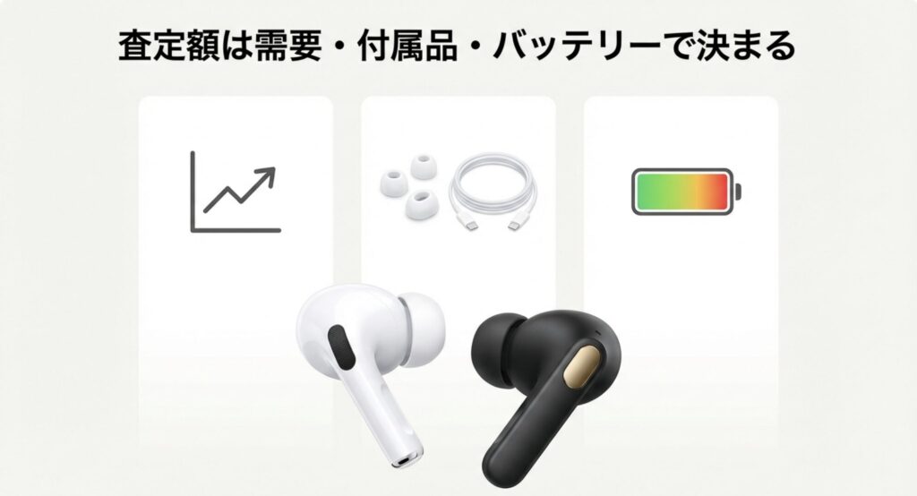 イヤホンの査定額を決める需要・付属品・バッテリーの要素を示すスライド画像