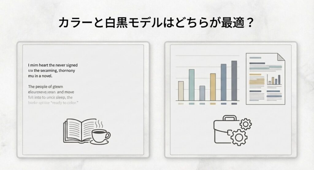 用途に合わせたE-inkタブレットのカラーモデルと白黒モデルの比較イメージ