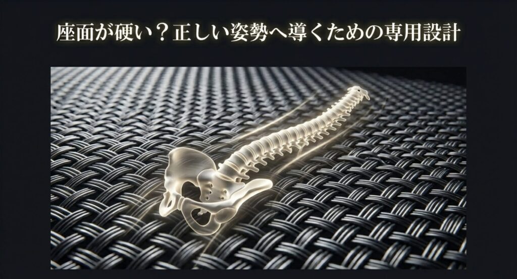 エルゴヒューマンプロ2の専用設計されたメッシュ座面と骨盤をサポートする正しい姿勢のイメージ