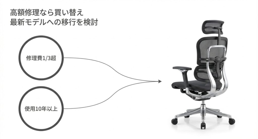 修理費が3分の1を超える場合や使用10年以上の場合の買い替え基準を図解した画像