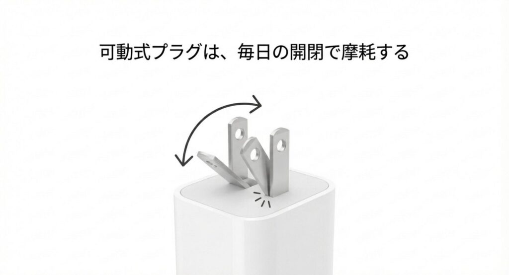 折りたたみ式の可動式プラグが毎日の開閉によって摩耗していく様子を示す図解