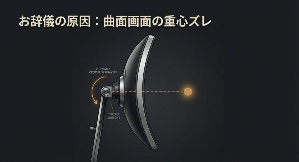大型や曲面モニターの重心が前方にズレることでアームがお辞儀する原因を解説する図解
