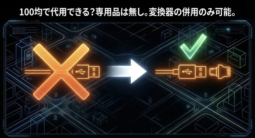 100均にはガーミン専用ケーブルはないが、変換アダプターとの併用であれば代用可能であることを示すスライド