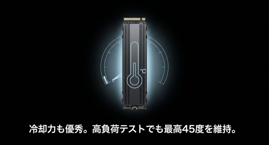 高負荷テストでも最高45度を維持するHanye SSDの優秀な冷却力を示す図