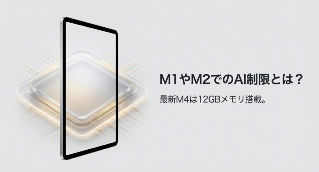 iPad Airのチップセットのイメージと、M1・M2チップにおけるAI制限およびM4モデルの解説