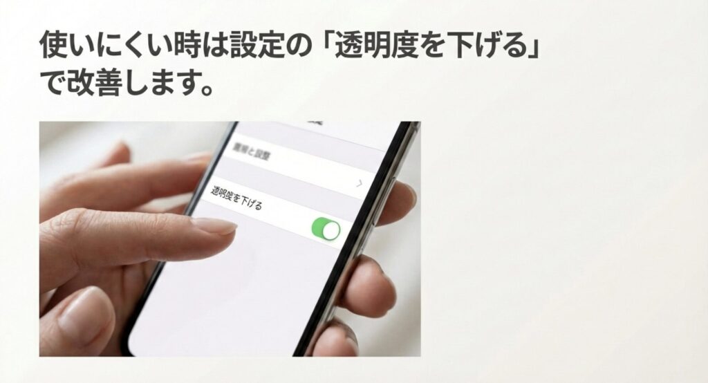 カメラアプリが使いにくい場合に、アクセシビリティ設定から透明度を下げることで視認性を改善する方法を説明する画像