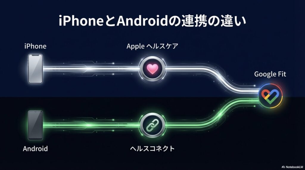 iPhoneのAppleヘルスケアとAndroidのヘルスコネクトを通じた連携ルートの違いを示す図解