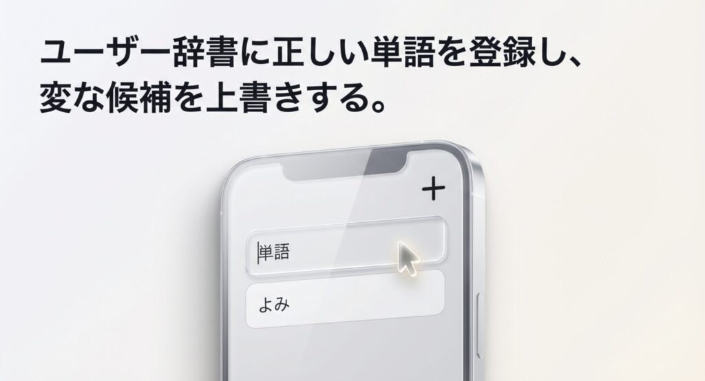 iPhoneのユーザー辞書設定画面で単語とよみを登録するイメージ