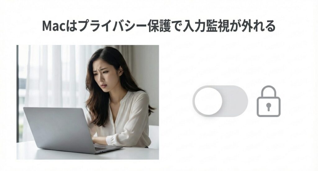 Macのプライバシー保護機能により入力監視の権限が外れてしまいパソコンの前で悩む女性のイメージ