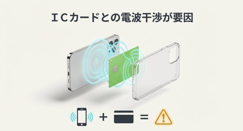 スマホ本体とクレジットカード、スマホケースの間でNFCの電波干渉が起きている仕組みの図解