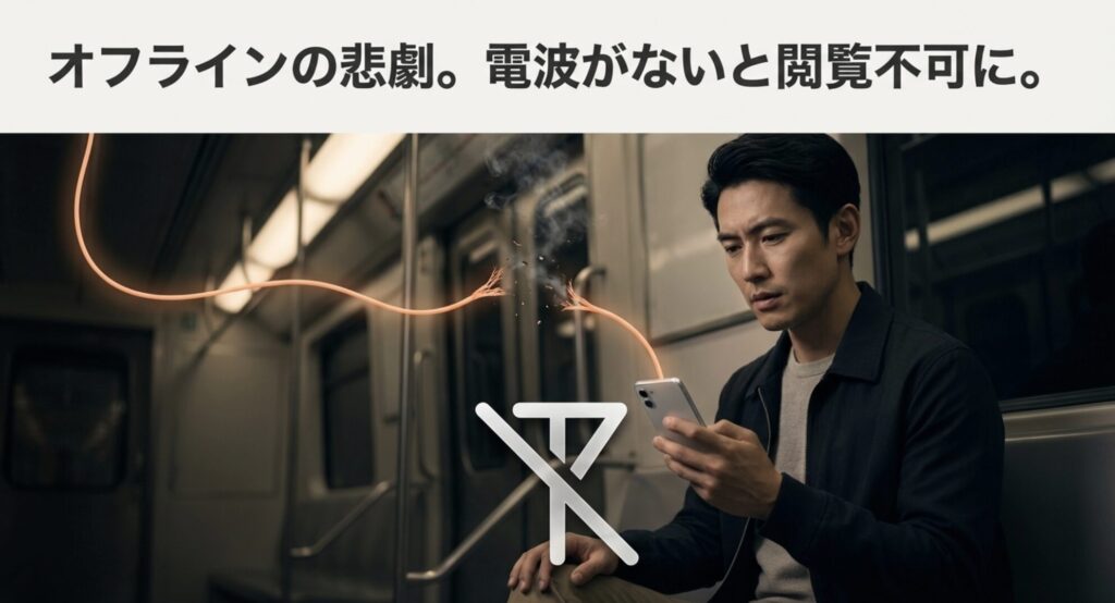 電波がないオフライン環境でiPhoneの写真が閲覧不可になる悲劇を表現した画像