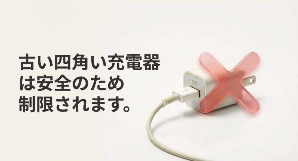 古い四角い5W充電器は安全のために充電速度が制限されることを示すスライド