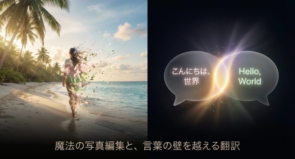 PixelのAIによる魔法のような写真編集とリアルタイム翻訳機能のイメージ