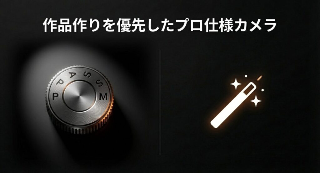 P・A・S・Mのモードダイヤルが描かれた、作品作りを優先したプロ仕様カメラであることを示す画像