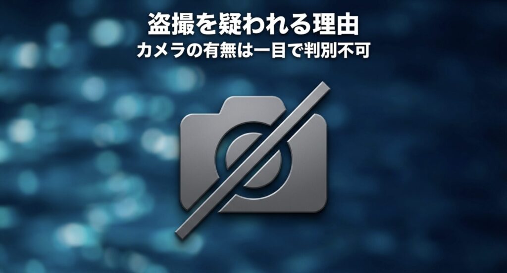 カメラの有無は一目で判別できないため、盗撮を疑われる理由となっていることを示すスライド