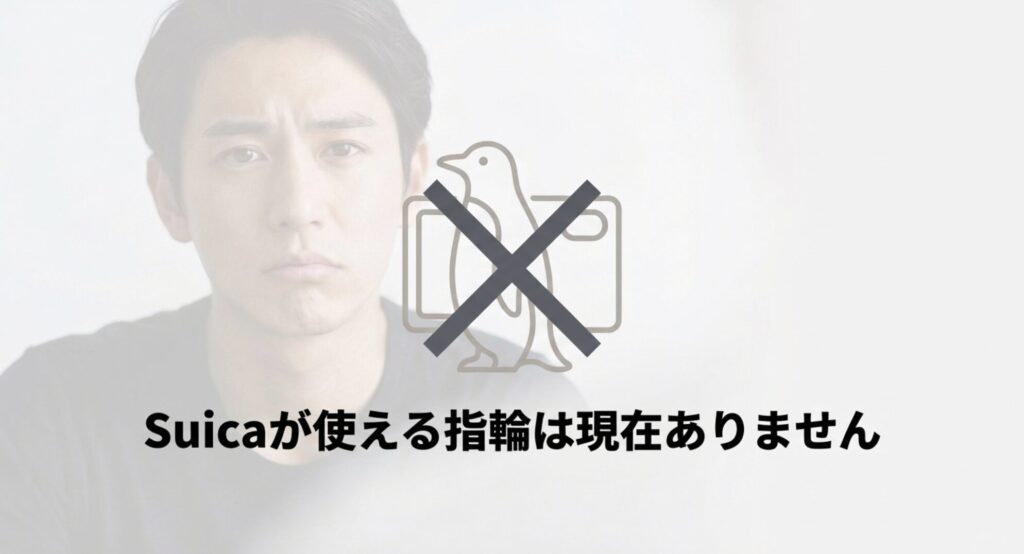 交通系ICカード(Suica)のキャラクターに大きなバツ印が重なったイラスト。現時点ではスマートリングがSuicaに非対応であることを示す画像。
