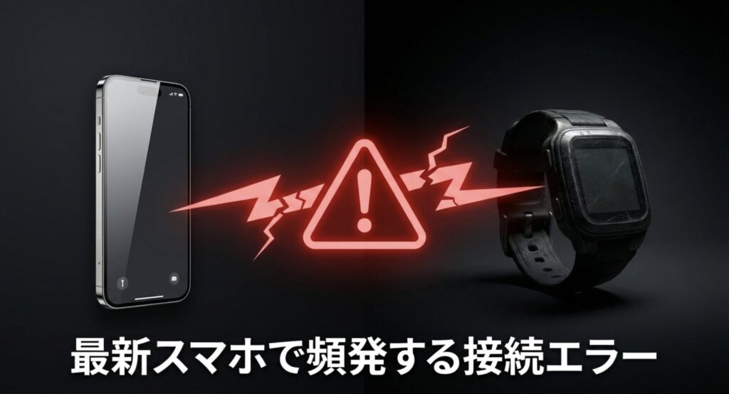 古いスマートウォッチと最新スマホの間で頻発するペアリングや接続エラーのイメージ