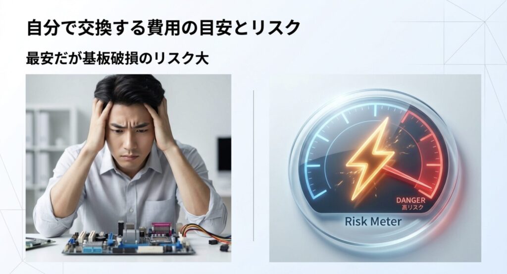 自分でSSDを交換する際の高リスクと基板破損の危険性を示すスライド