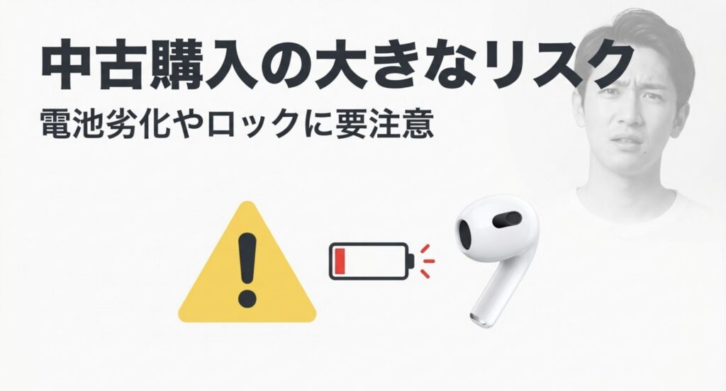 中古のAirPods購入時のバッテリー劣化を示す警告アイコン画像