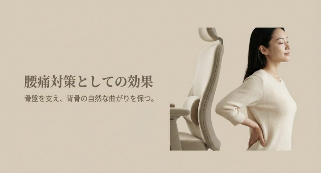 フリーダムチェアが骨盤を支え、背骨の自然な曲がりを保つことで腰痛対策になることを示す様子