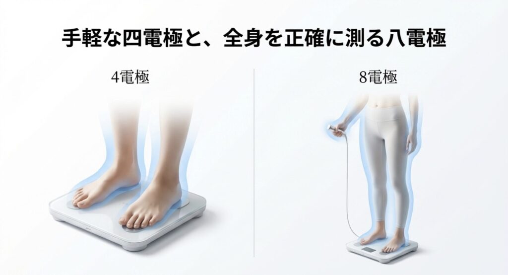 オムロン体組成計の4電極方式と8電極方式の違いを比較解説する画像