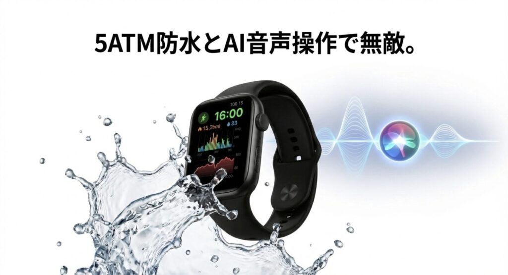 水しぶきを上げるAmazfit Bip 6と5ATM防水およびAI音声操作のイメージ